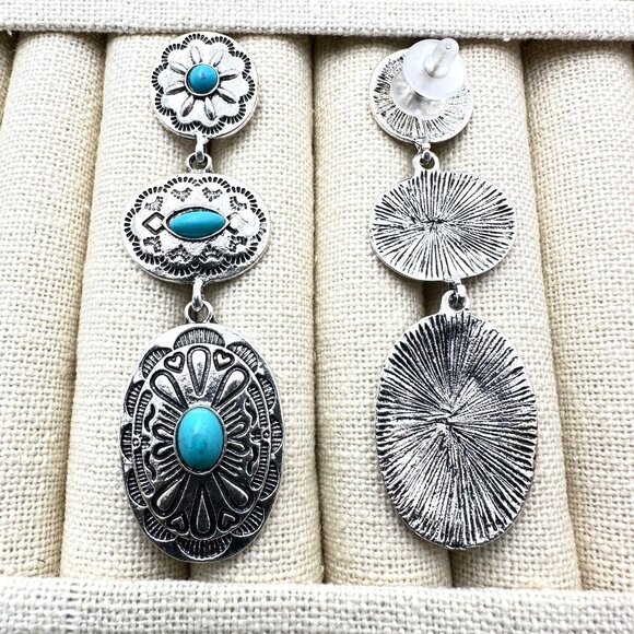 Western Concho Style Silver Tone Pierced Earrings Blue Faux Turquoise 3 Inch - Picture 5 of 5